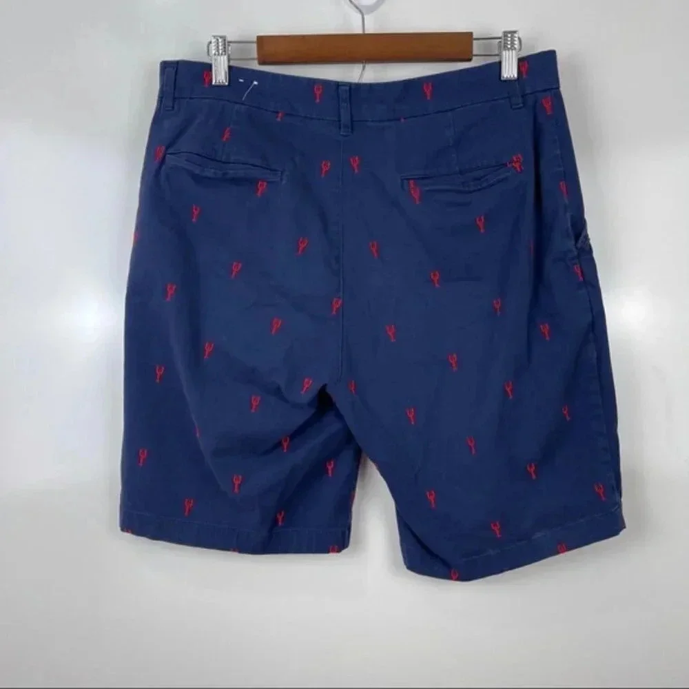 Isaac Mizrahi Navy Blue Embroidered Lobster Print Flat Front Casual Shorts Sz 34